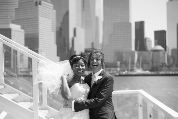 Newlywed couple celebrating outdoors